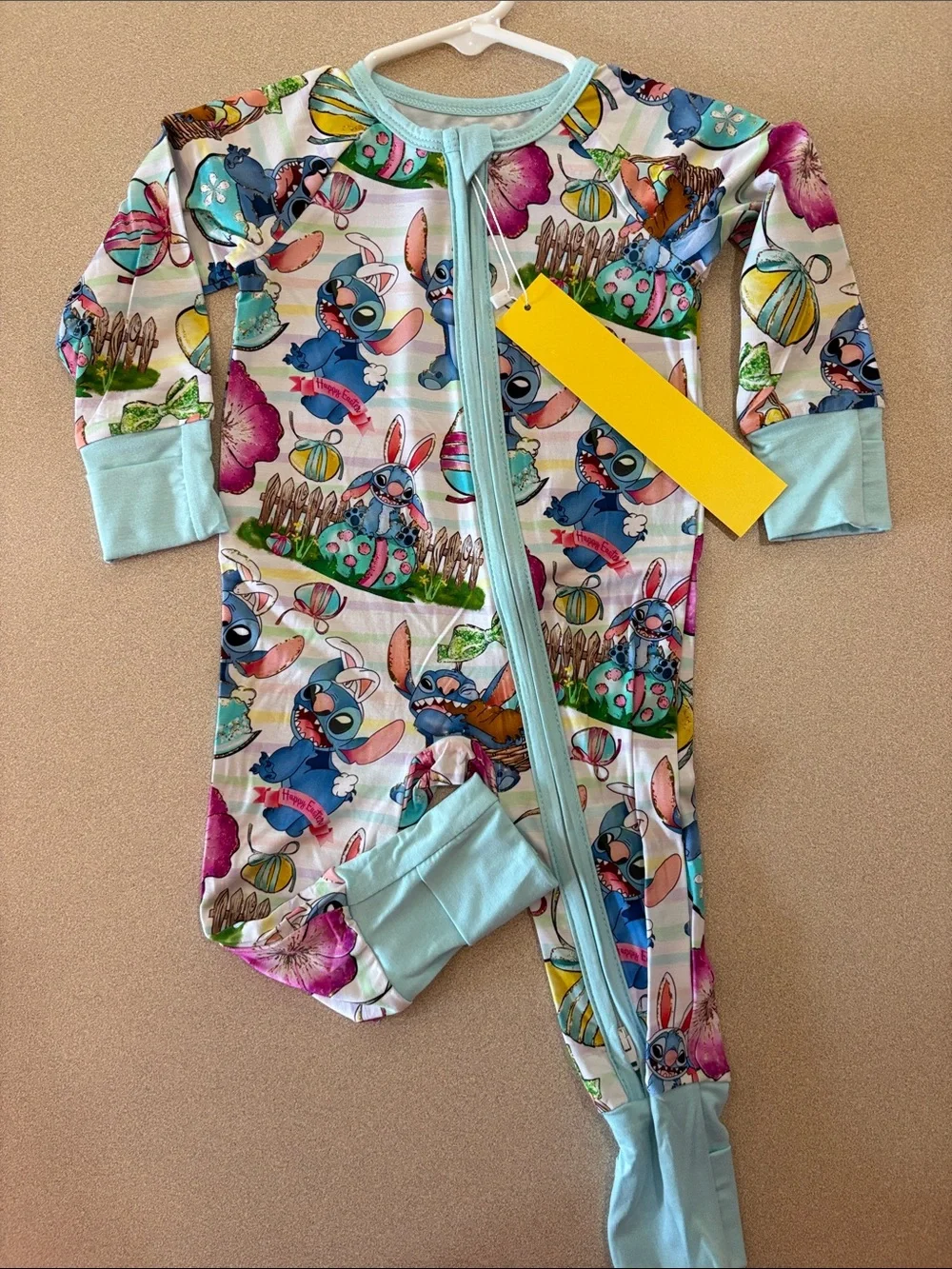Bamboo Baby One-Piece Footed Pajamas with Blue Trim and Easter Stitch Print